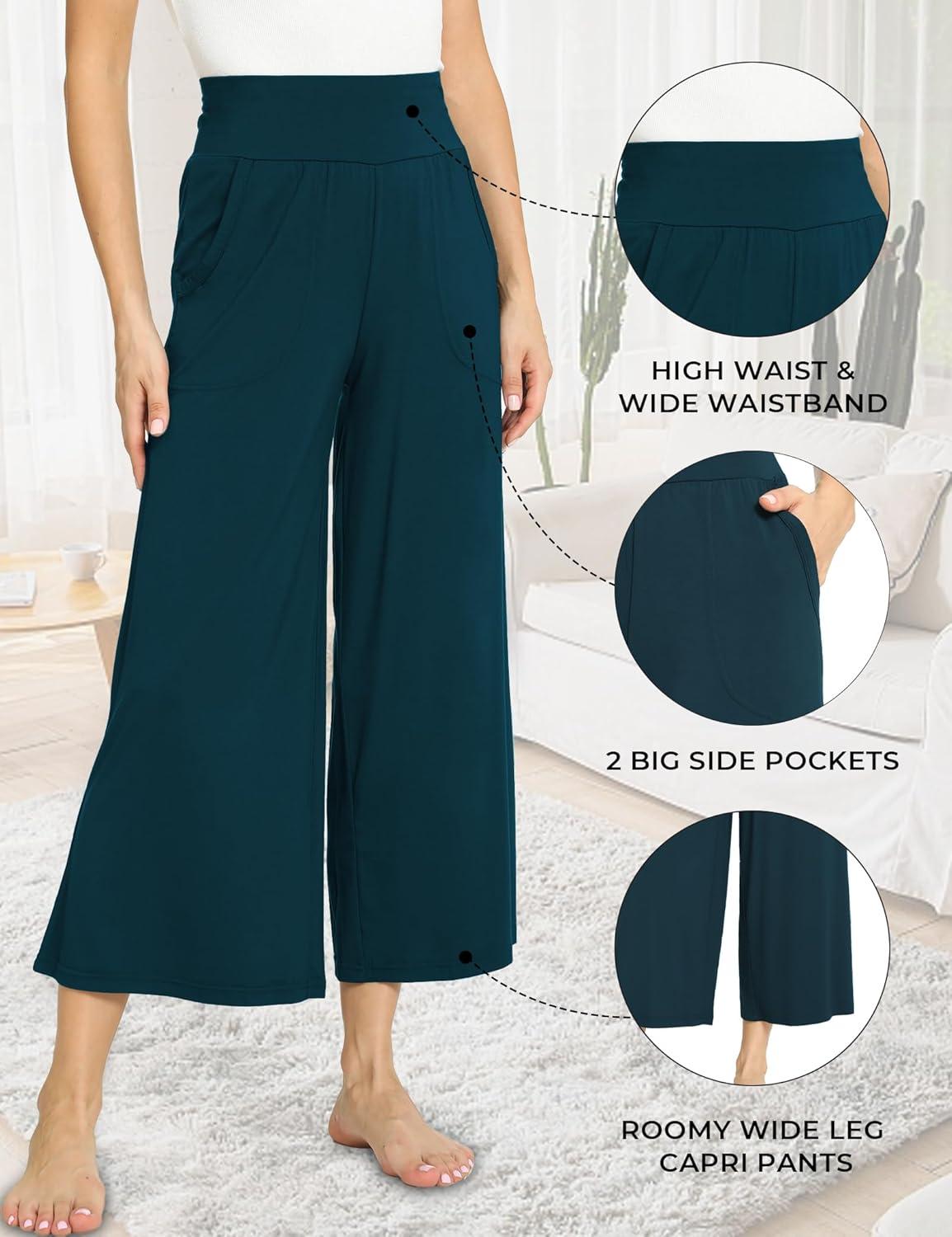 imageGYS Bamboo Viscose Wide Leg Palazzo Cropped Pants High Waist Capris CloudSoft Pajama Pants with Pockets Flowy Yoga PantsInk Blue