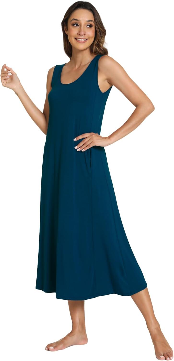 imageGYS Sleeveless Nightgowns for Women Soft Bamboo Viscose Night Shirts Tank Sleepwear with Pockets Long Sleep DressInk Blue