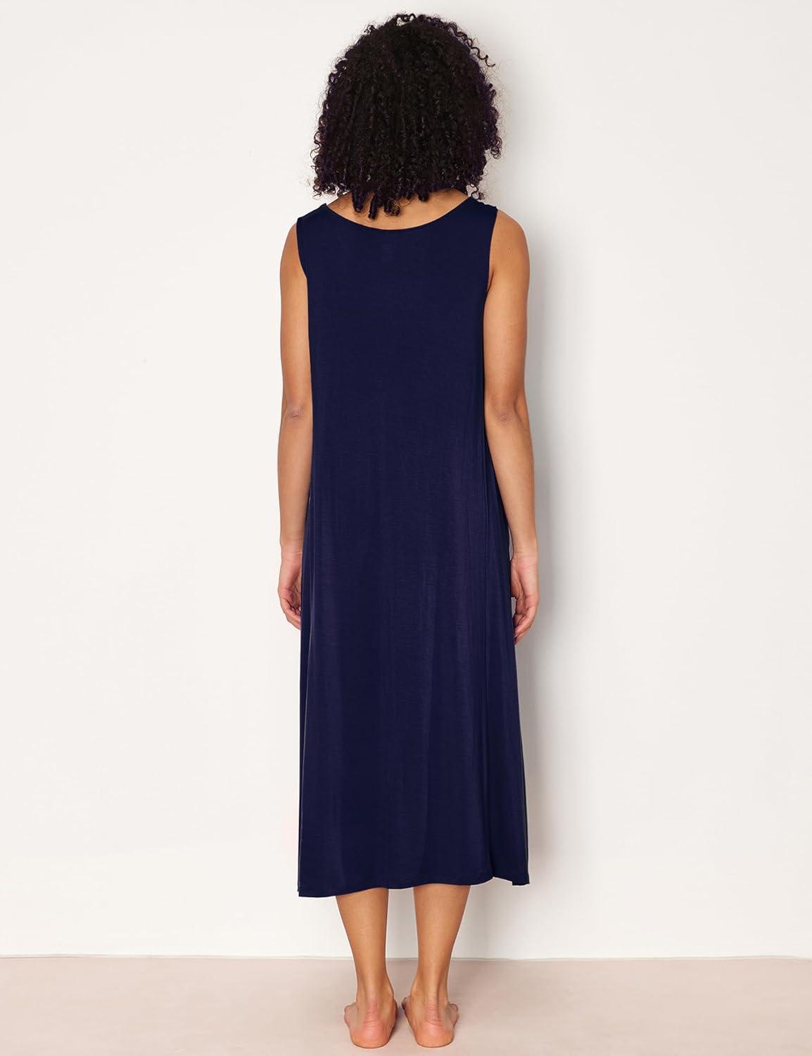imageGYS Sleeveless Nightgowns for Women Soft Bamboo Viscose Night Shirts Tank Sleepwear with Pockets Long Sleep DressNavy