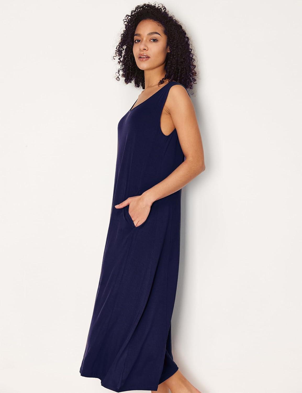 imageGYS Sleeveless Nightgowns for Women Soft Bamboo Viscose Night Shirts Tank Sleepwear with Pockets Long Sleep DressNavy