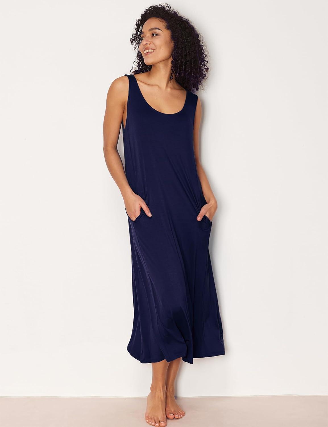 imageGYS Sleeveless Nightgowns for Women Soft Bamboo Viscose Night Shirts Tank Sleepwear with Pockets Long Sleep DressNavy