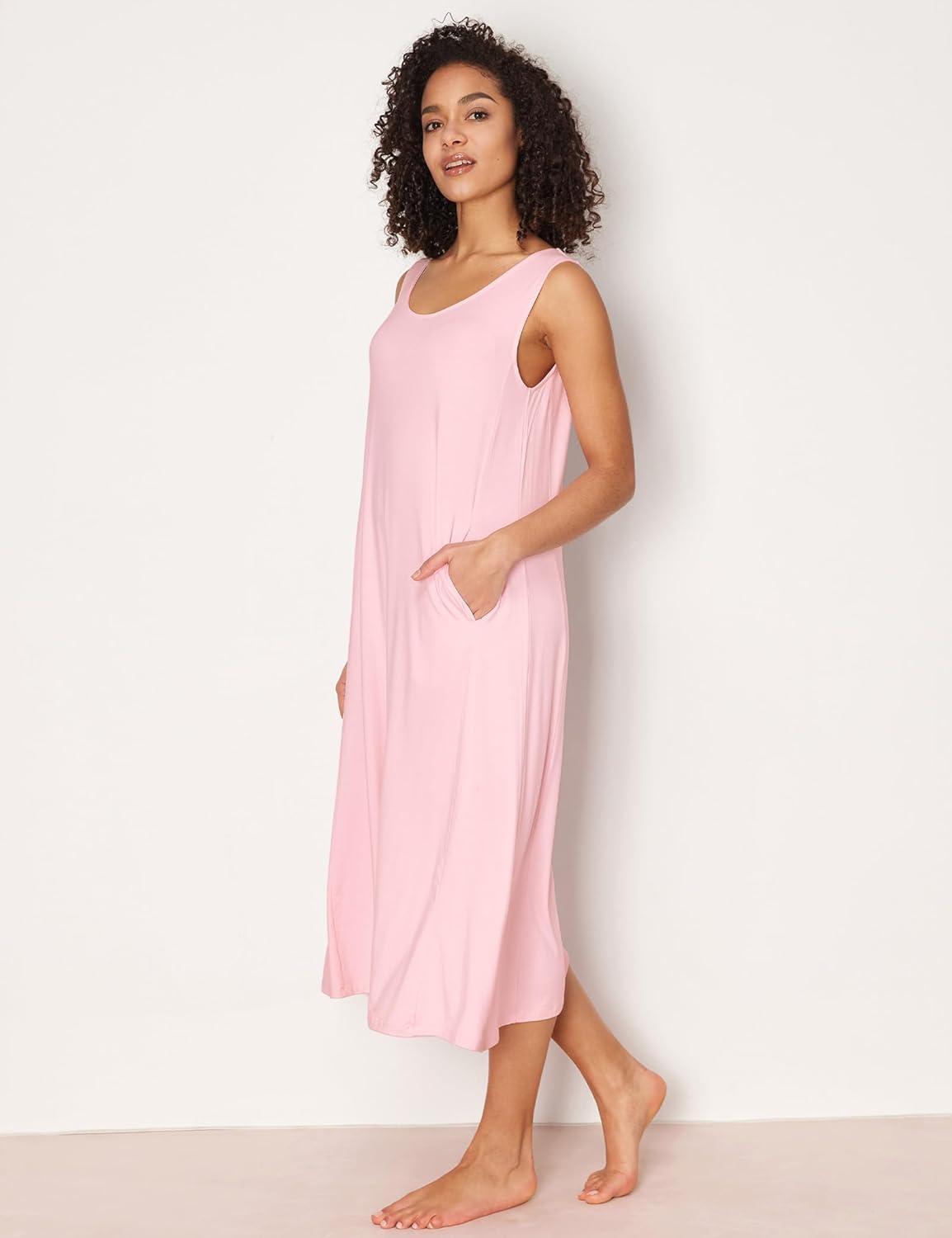 imageGYS Sleeveless Nightgowns for Women Soft Bamboo Viscose Night Shirts Tank Sleepwear with Pockets Long Sleep DressPink