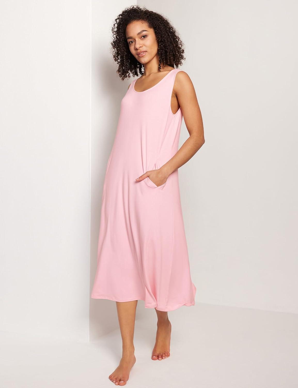 imageGYS Sleeveless Nightgowns for Women Soft Bamboo Viscose Night Shirts Tank Sleepwear with Pockets Long Sleep DressPink