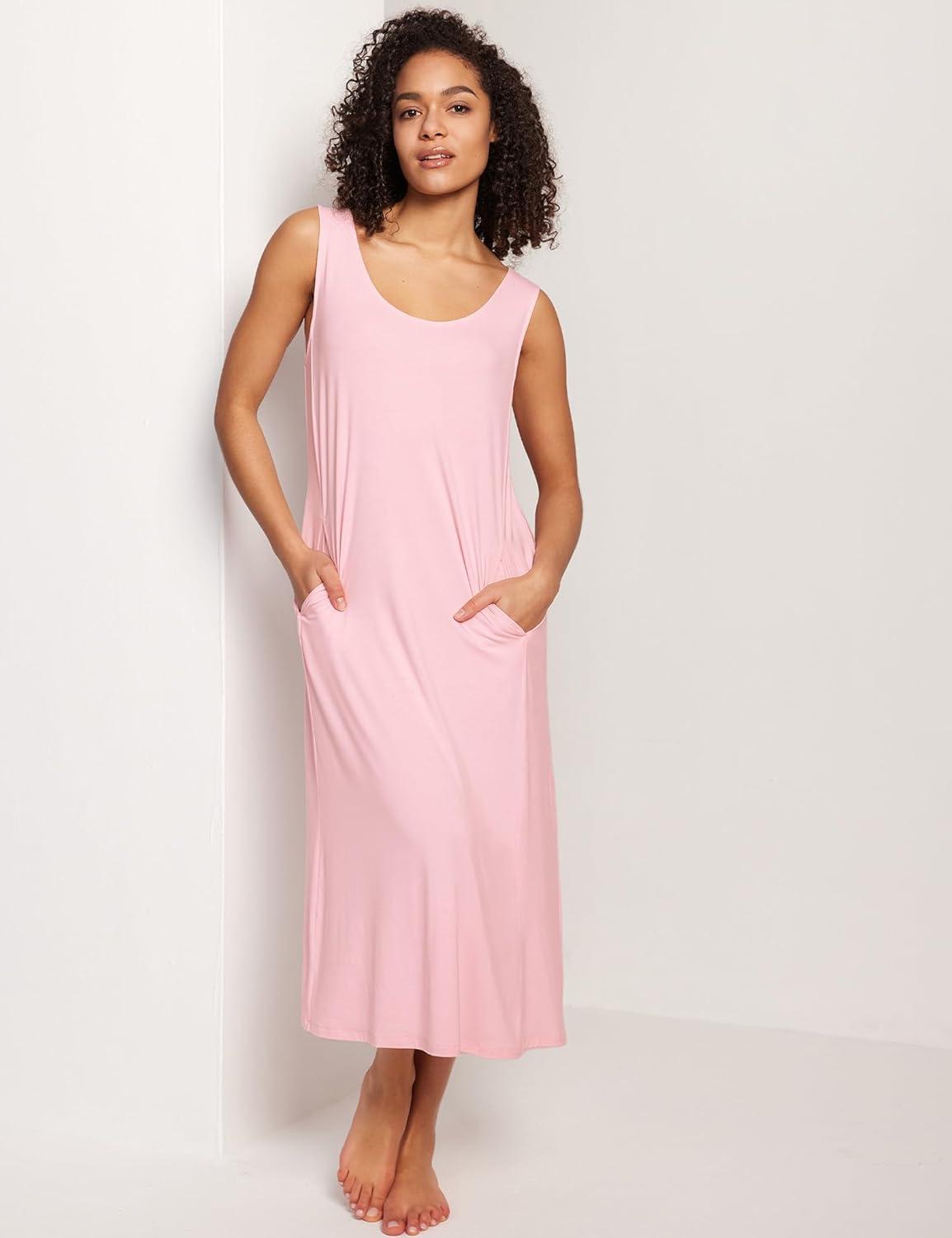 imageGYS Sleeveless Nightgowns for Women Soft Bamboo Viscose Night Shirts Tank Sleepwear with Pockets Long Sleep DressPink