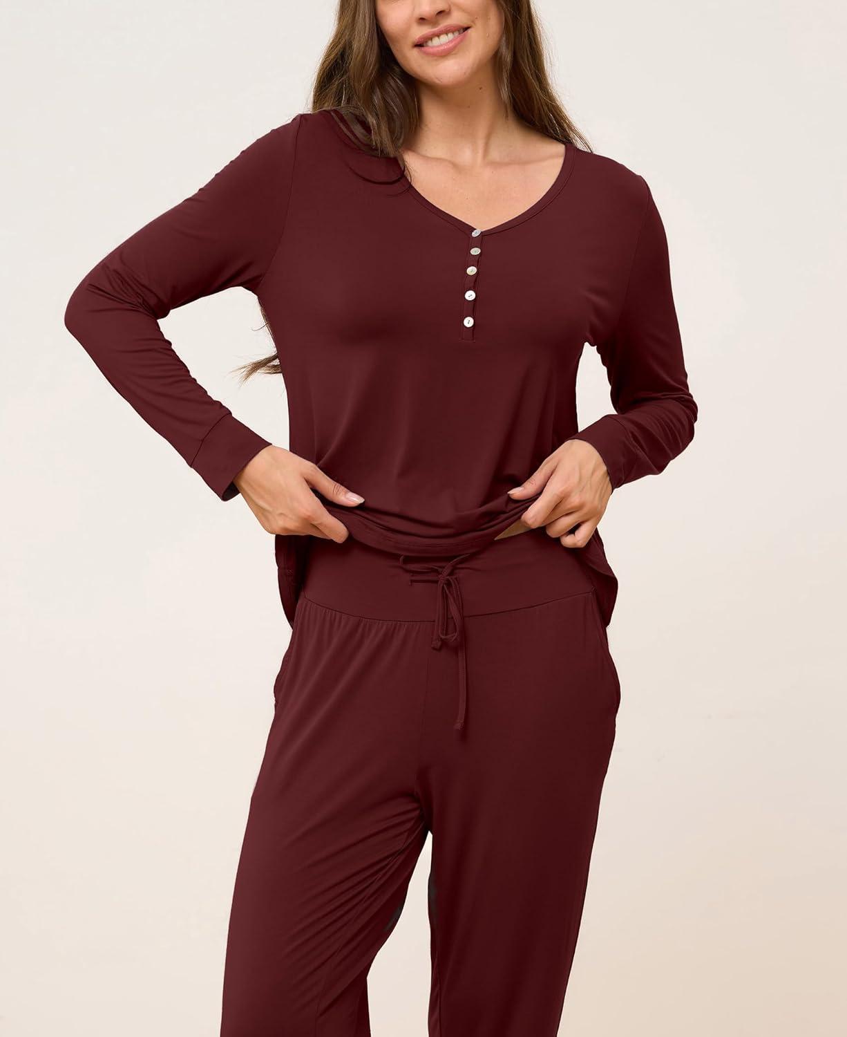 imageGYS Viscose from Bamboo Pajama Sets for Women Long Sleeve Sleepwear Soft Christmas Pjs Lounge SetsFicus Red