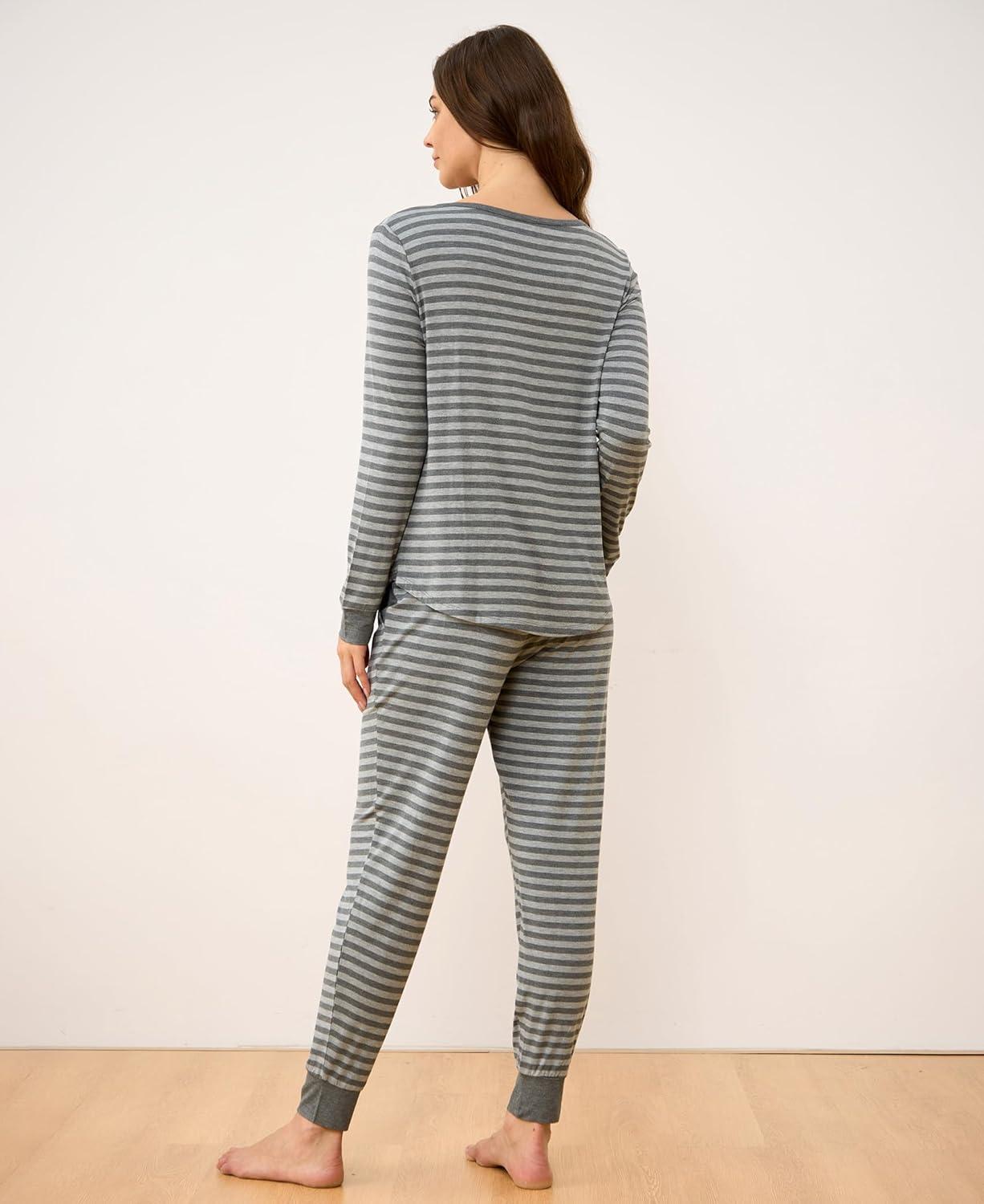 imageGYS Viscose from Bamboo Pajama Sets for Women Long Sleeve Sleepwear Soft Christmas Pjs Lounge SetsHeather Grey Stripe