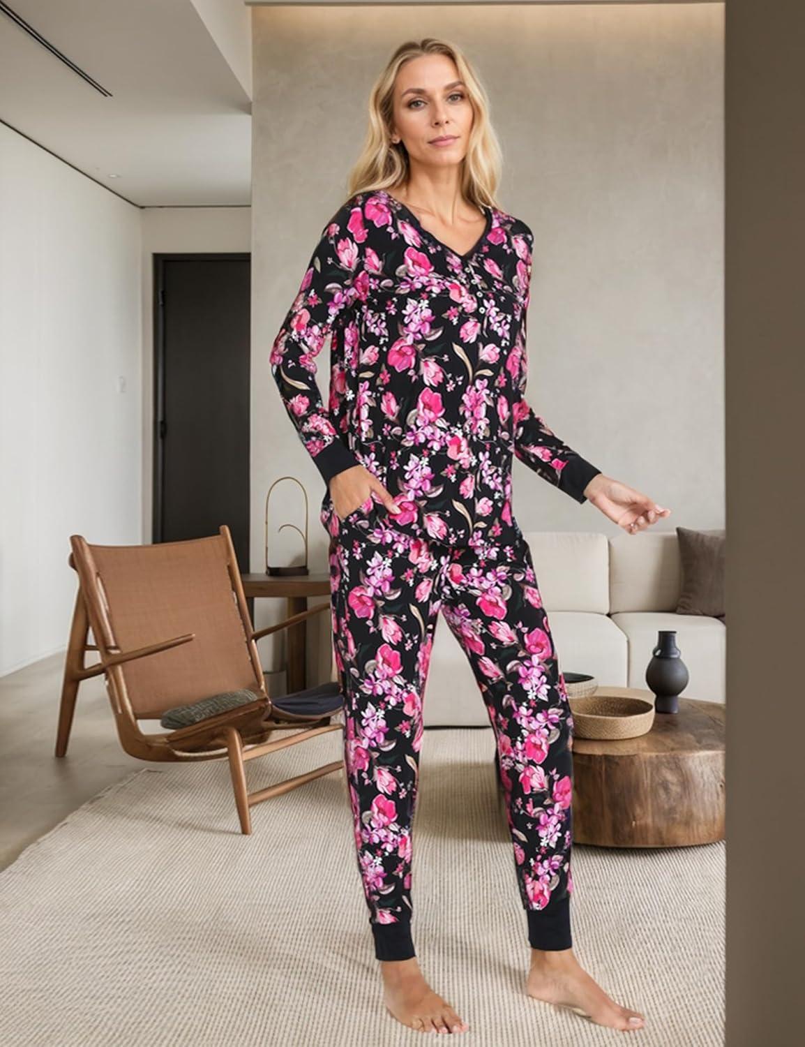 imageGYS Viscose from Bamboo Pajama Sets for Women Long Sleeve Sleepwear Soft Christmas Pjs Lounge SetsMagnolia