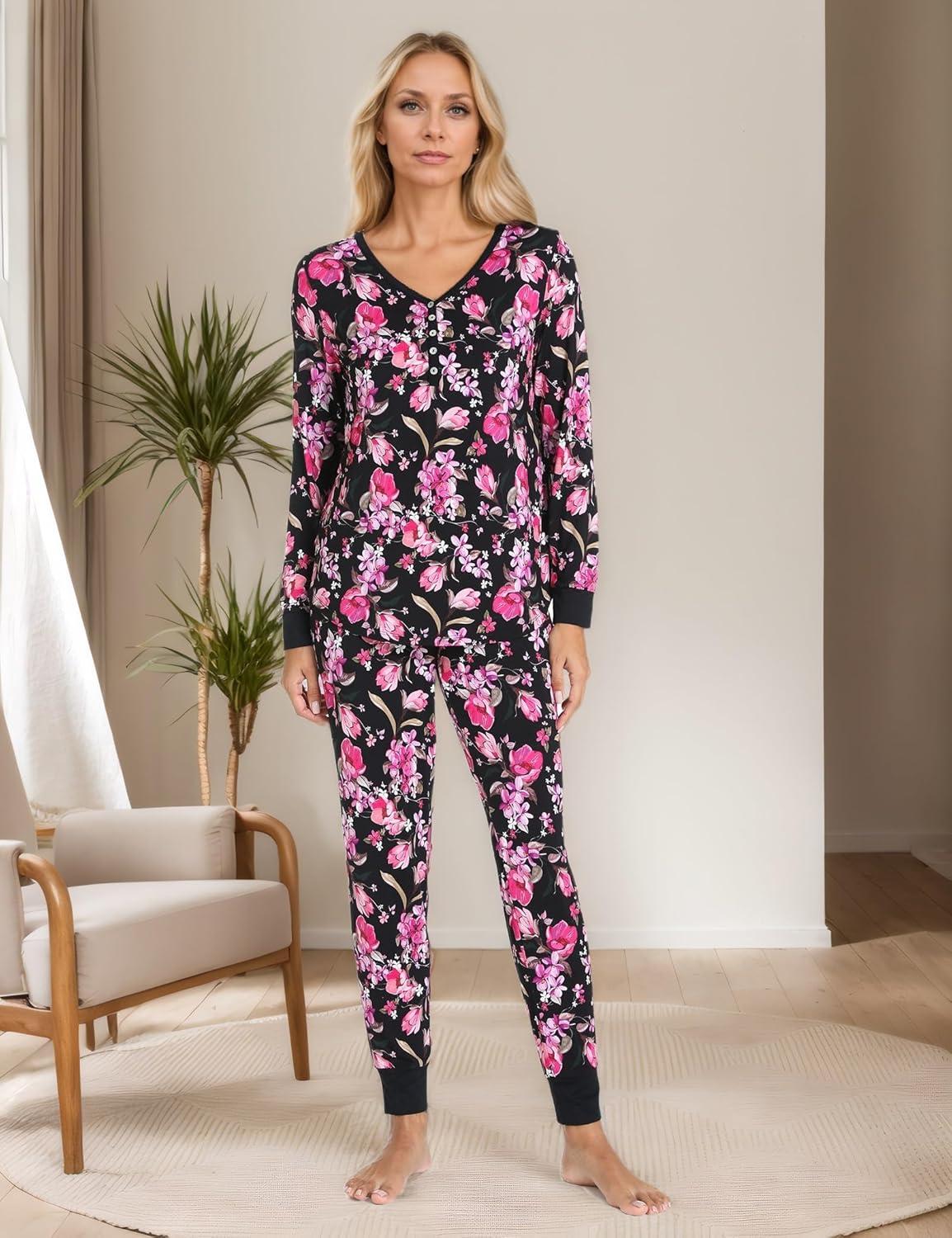 imageGYS Viscose from Bamboo Pajama Sets for Women Long Sleeve Sleepwear Soft Christmas Pjs Lounge SetsMagnolia