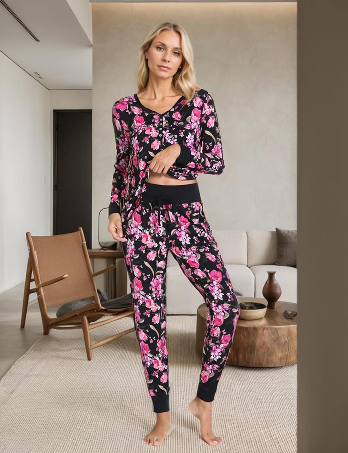 imageGYS Viscose from Bamboo Pajama Sets for Women Long Sleeve Sleepwear Soft Christmas Pjs Lounge SetsMagnolia