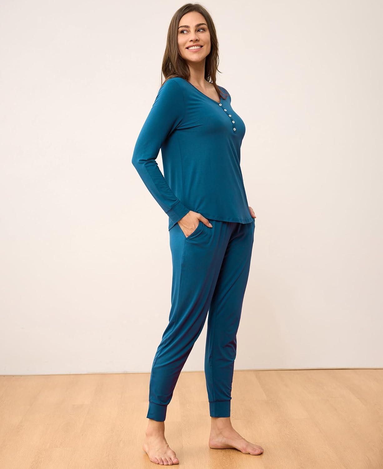 imageGYS Viscose from Bamboo Pajama Sets for Women Long Sleeve Sleepwear Soft Christmas Pjs Lounge SetsTeal Blue