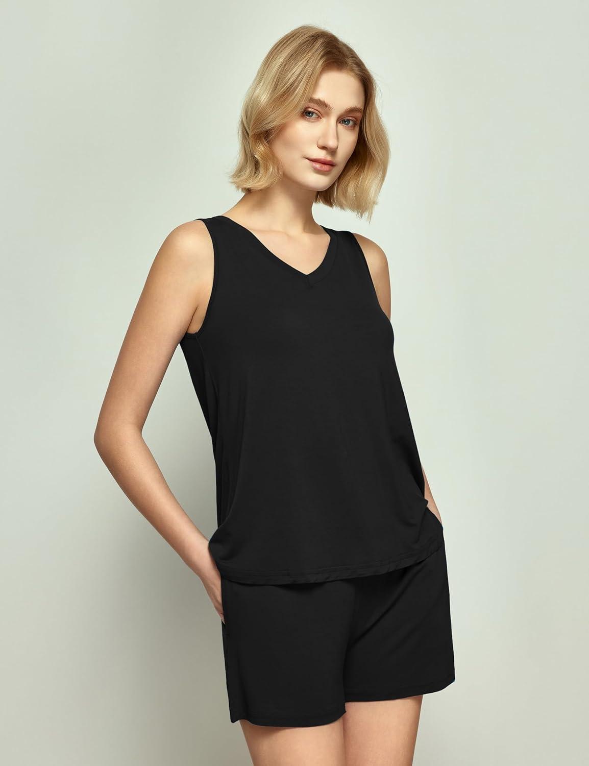 imageGYS Viscose from Bamboo Pajamas for Women V Neck Tank Top with Shorts Sleep SetsBlack