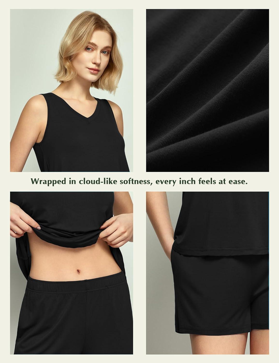 imageGYS Viscose from Bamboo Pajamas for Women V Neck Tank Top with Shorts Sleep SetsBlack