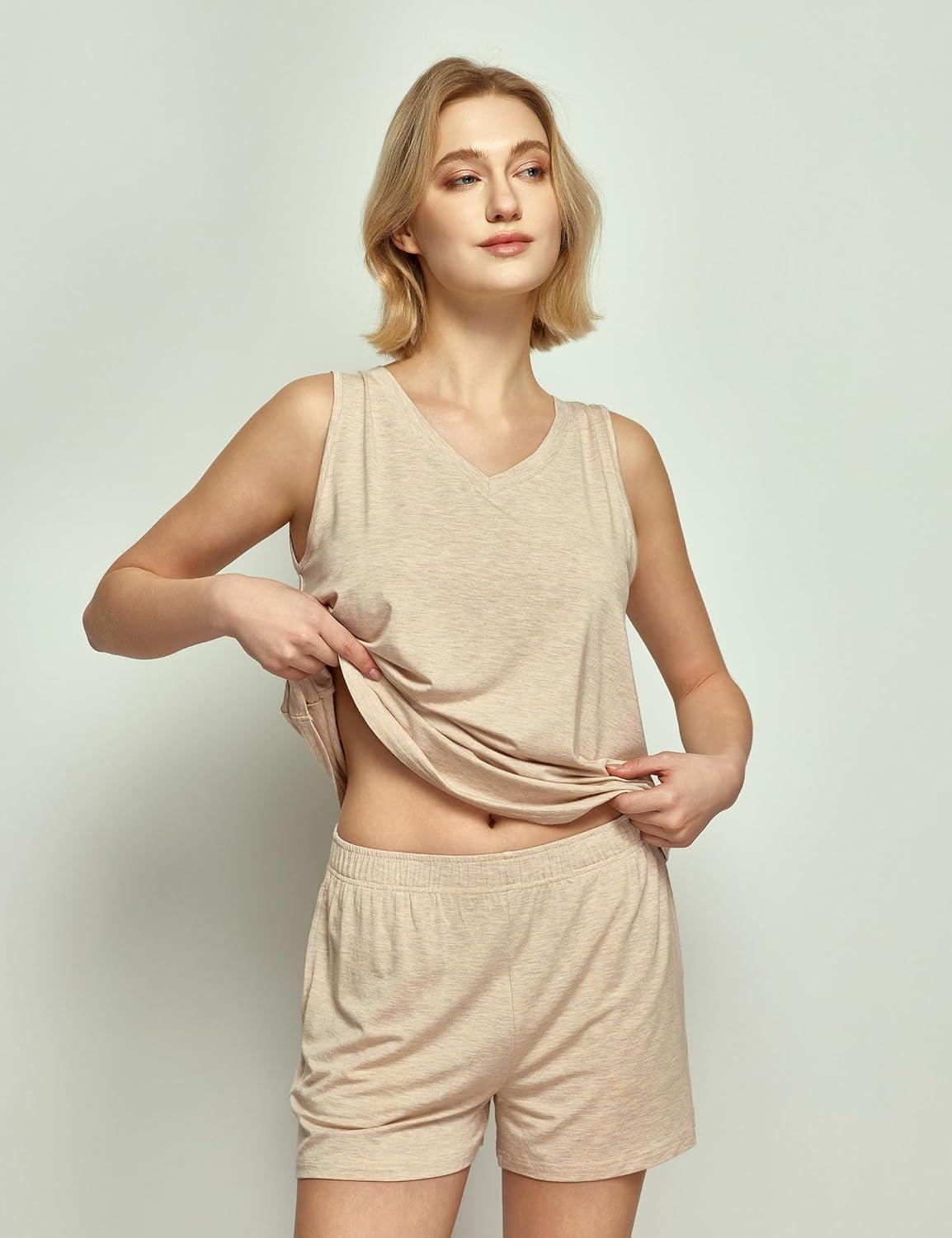 imageGYS Viscose from Bamboo Pajamas for Women V Neck Tank Top with Shorts Sleep SetsCorn Yellow