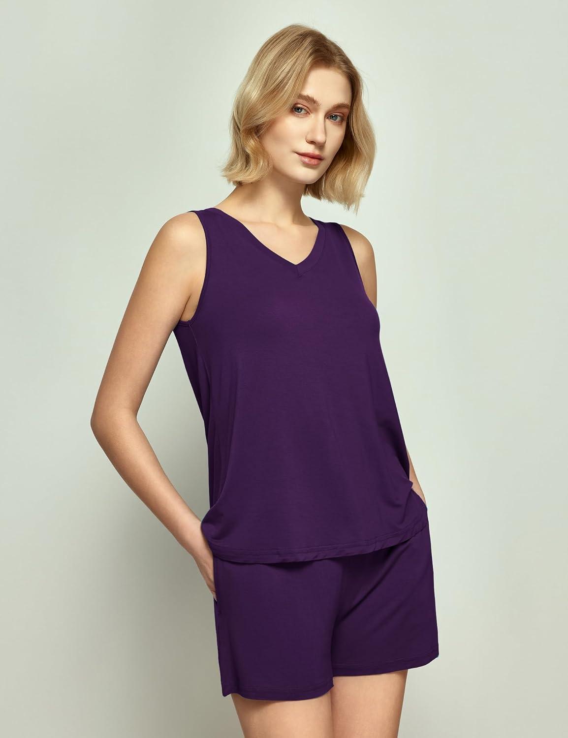 imageGYS Viscose from Bamboo Pajamas for Women V Neck Tank Top with Shorts Sleep SetsDeep Purple