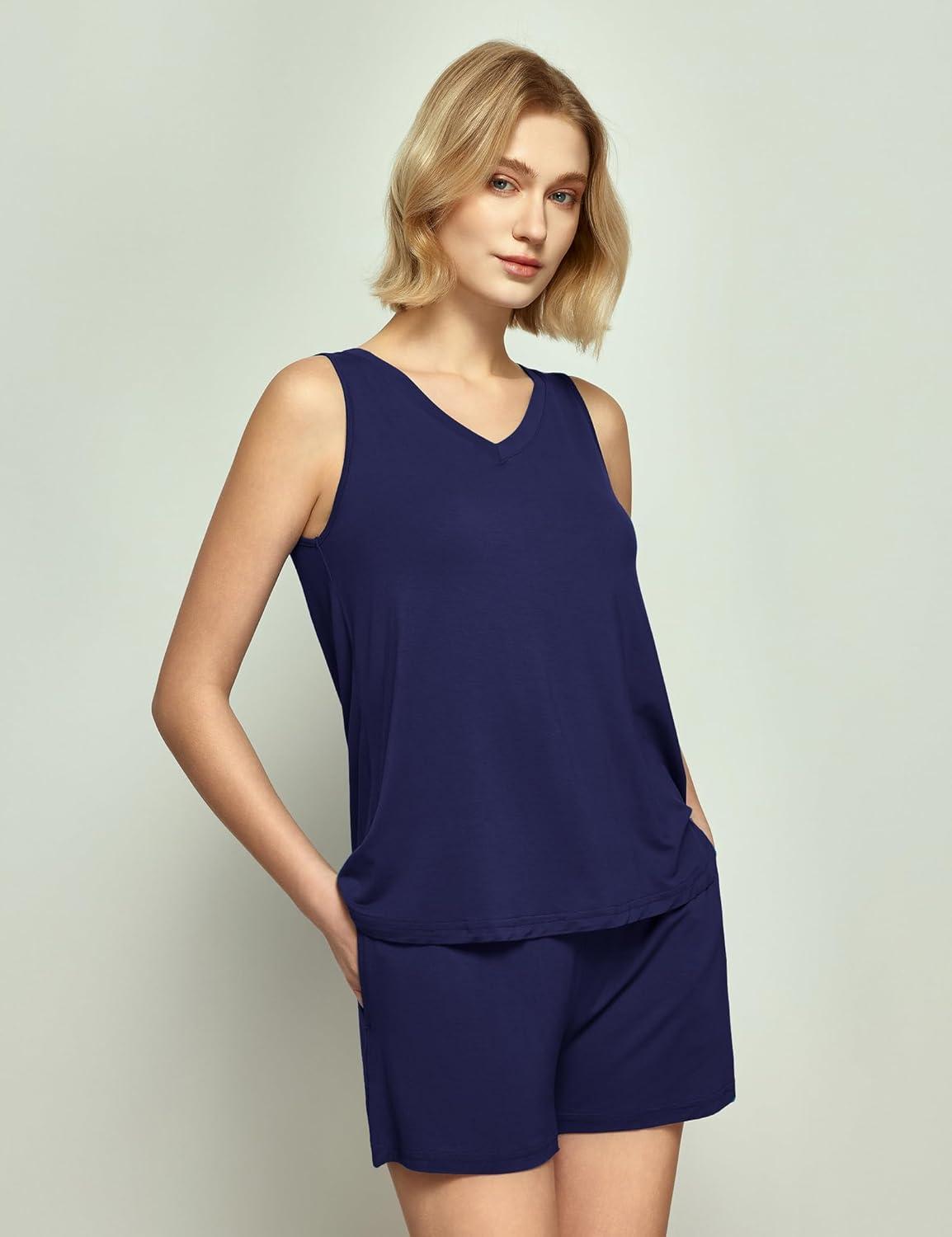 imageGYS Viscose from Bamboo Pajamas for Women V Neck Tank Top with Shorts Sleep SetsNavy