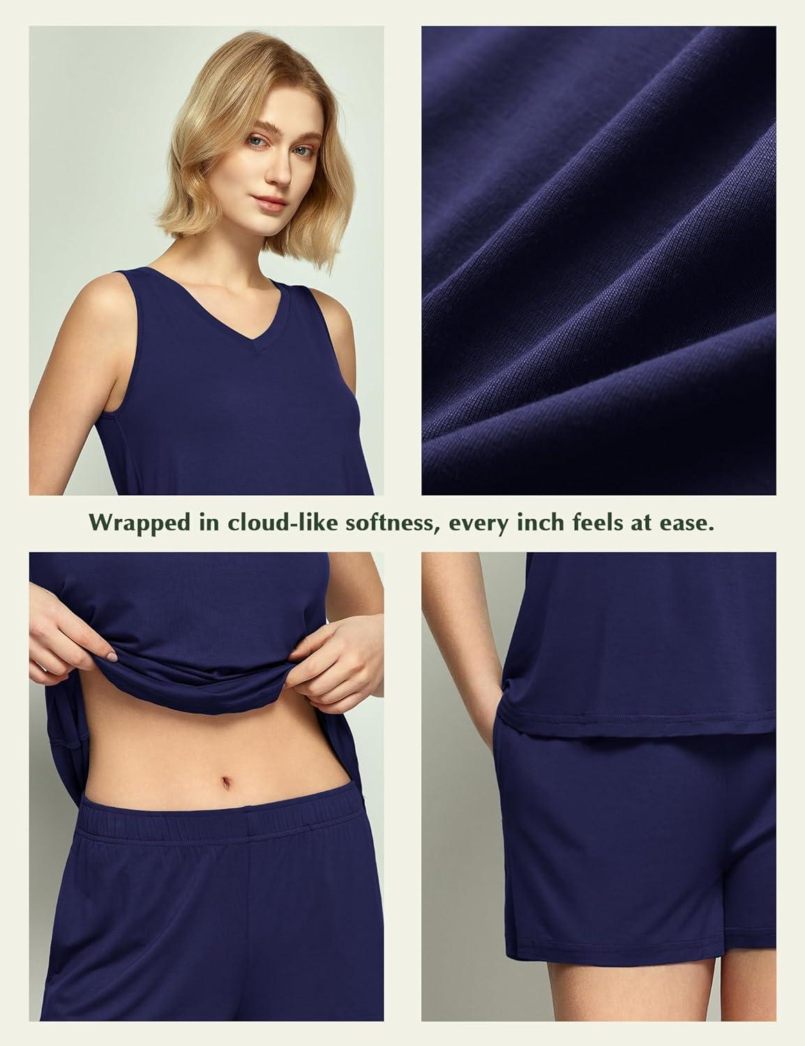 imageGYS Viscose from Bamboo Pajamas for Women V Neck Tank Top with Shorts Sleep SetsNavy