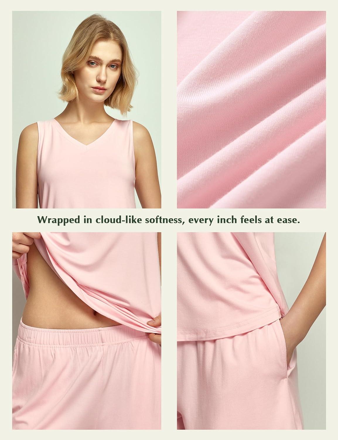 imageGYS Viscose from Bamboo Pajamas for Women V Neck Tank Top with Shorts Sleep SetsPink