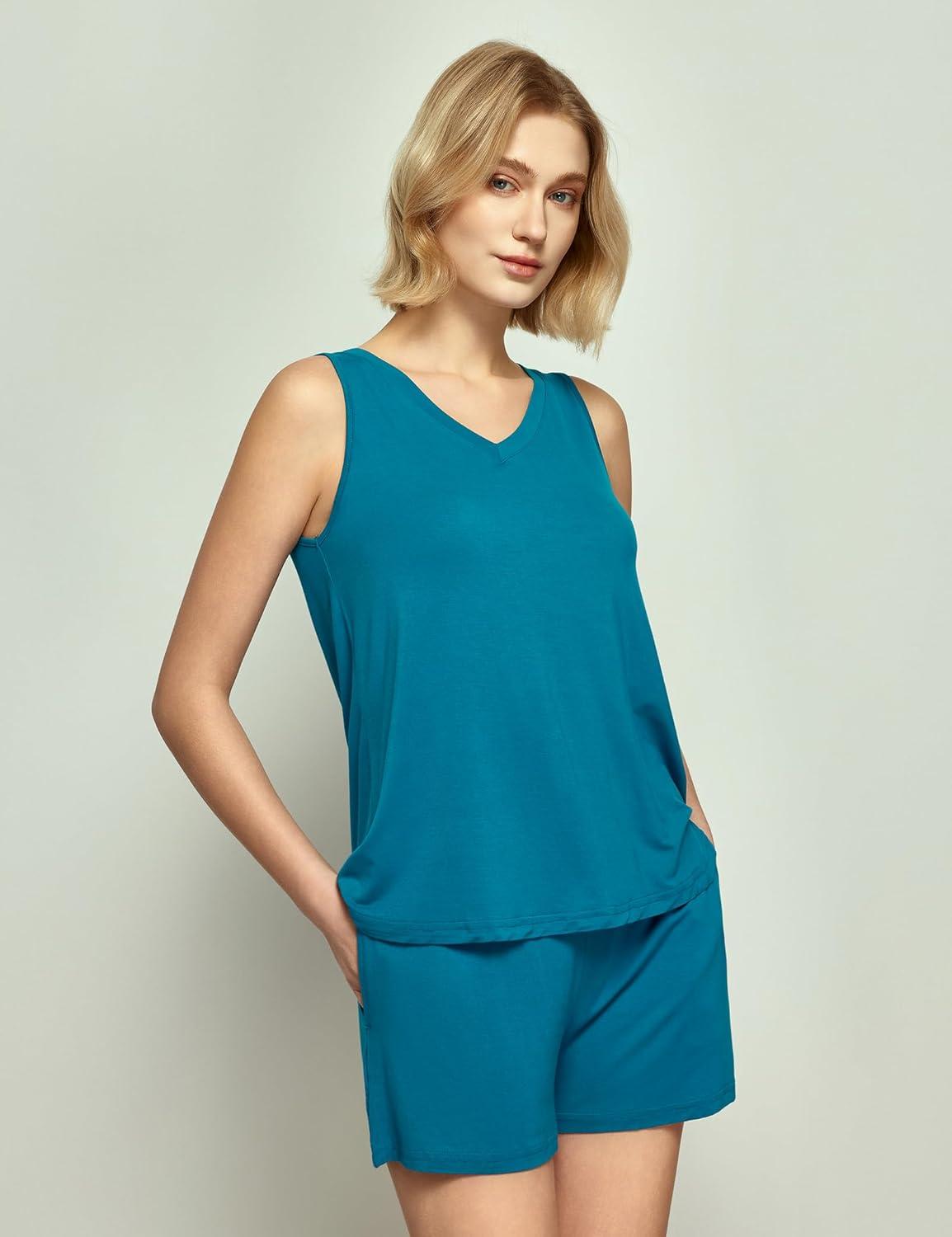 imageGYS Viscose from Bamboo Pajamas for Women V Neck Tank Top with Shorts Sleep SetsTeal Blue