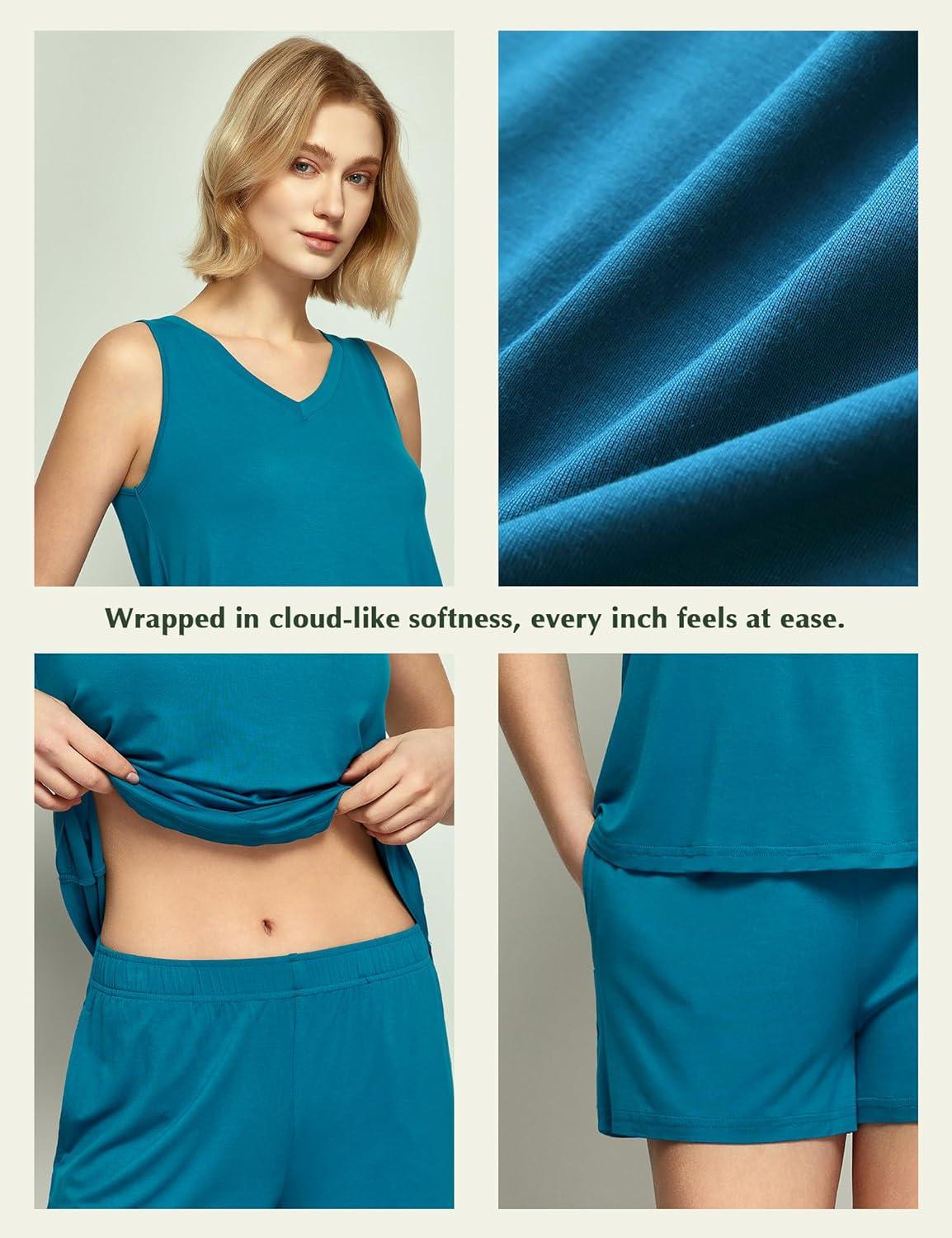 imageGYS Viscose from Bamboo Pajamas for Women V Neck Tank Top with Shorts Sleep SetsTeal Blue