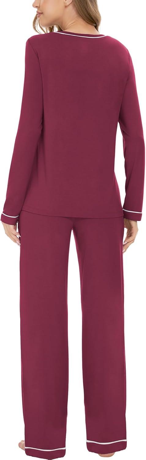 imageGYS Womens Bamboo Viscose Pajamas Set Long Sleeve Crew Neck Sleepwear Super Soft Pjs Lounge SetsWine