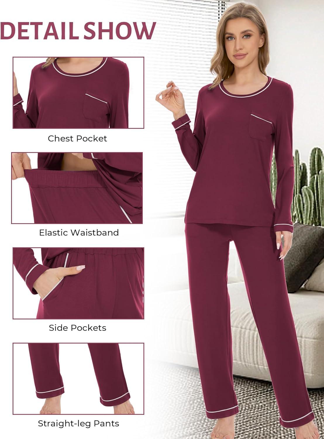 imageGYS Womens Bamboo Viscose Pajamas Set Long Sleeve Crew Neck Sleepwear Super Soft Pjs Lounge SetsWine