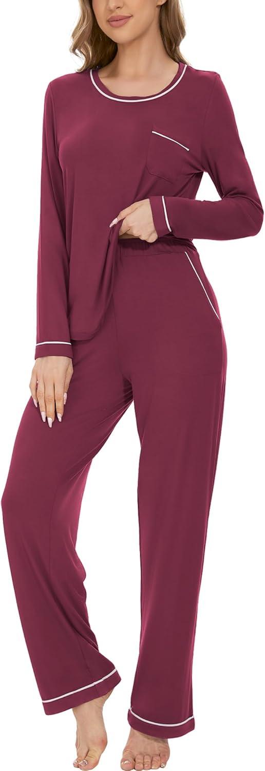 imageGYS Womens Bamboo Viscose Pajamas Set Long Sleeve Crew Neck Sleepwear Super Soft Pjs Lounge SetsWine