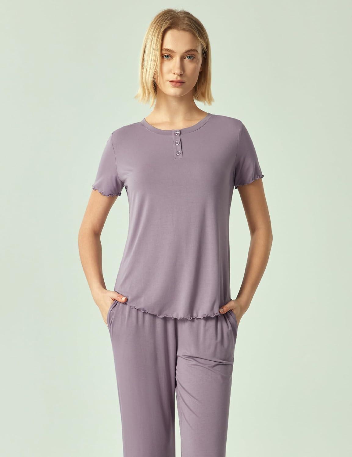 imageGYS Womens Bamboo Viscose Pajamas Short Sleeve Sleep Shirt and Flare Pj Pants Sleepwear SetViolet