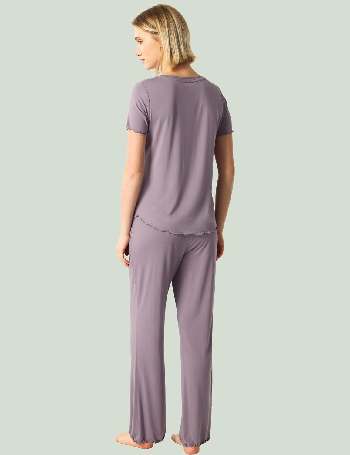 imageGYS Womens Bamboo Viscose Pajamas Short Sleeve Sleep Shirt and Flare Pj Pants Sleepwear SetViolet