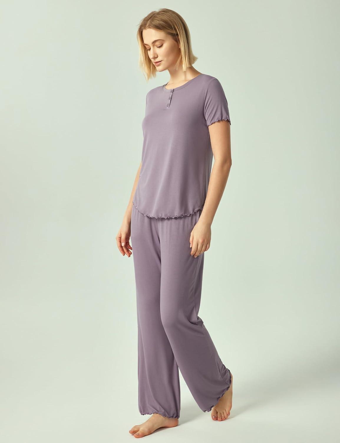 imageGYS Womens Bamboo Viscose Pajamas Short Sleeve Sleep Shirt and Flare Pj Pants Sleepwear SetViolet