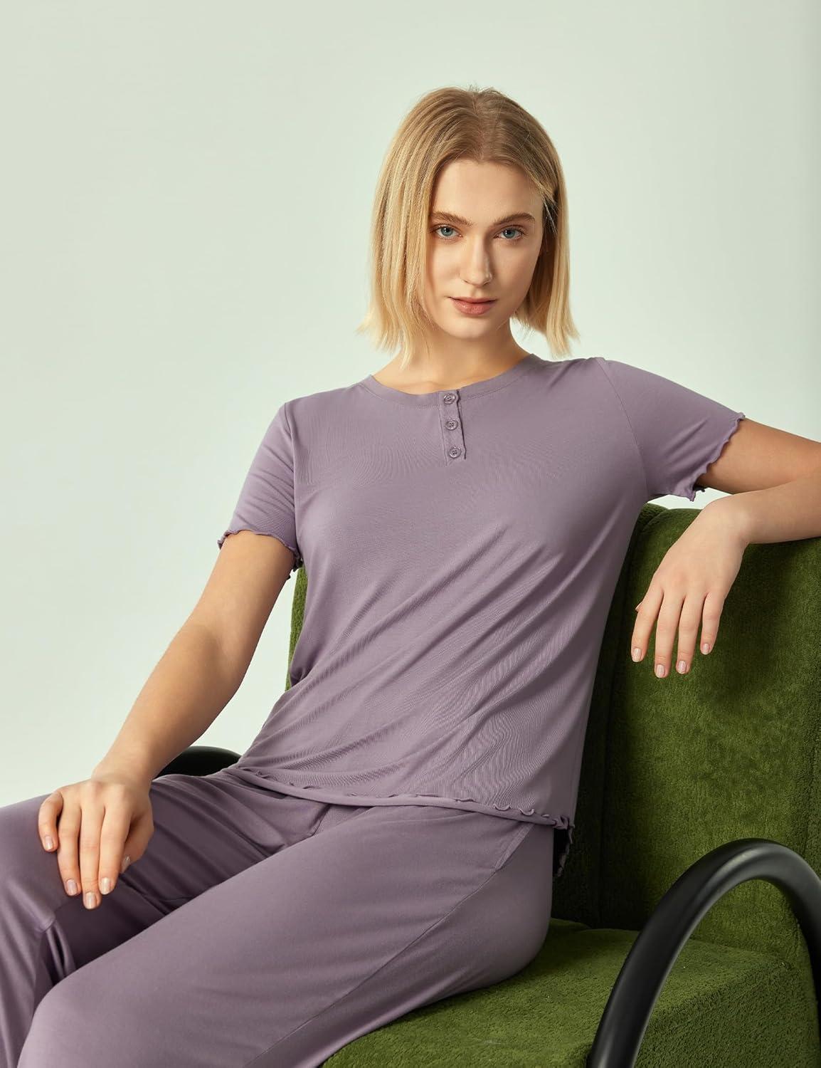 imageGYS Womens Bamboo Viscose Pajamas Short Sleeve Sleep Shirt and Flare Pj Pants Sleepwear SetViolet