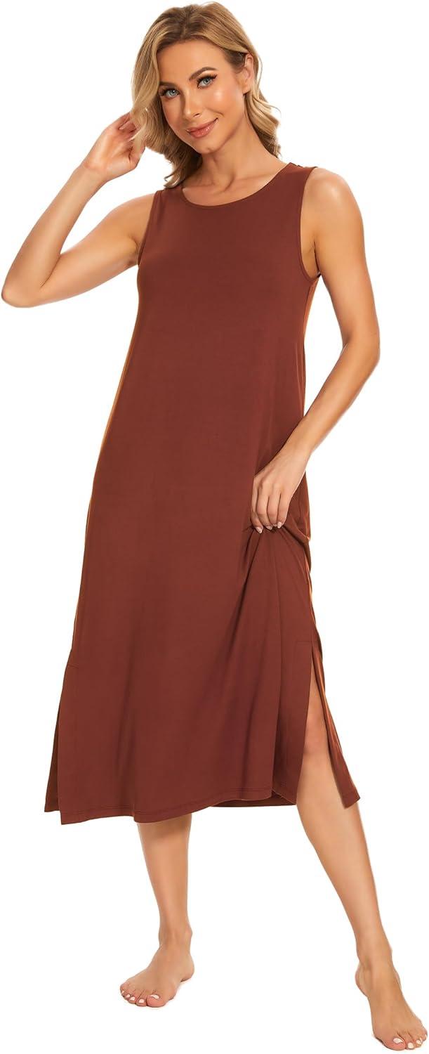 imageGYS Womens Bamboo Viscose Sleeveless Long NightgownsBrick Red