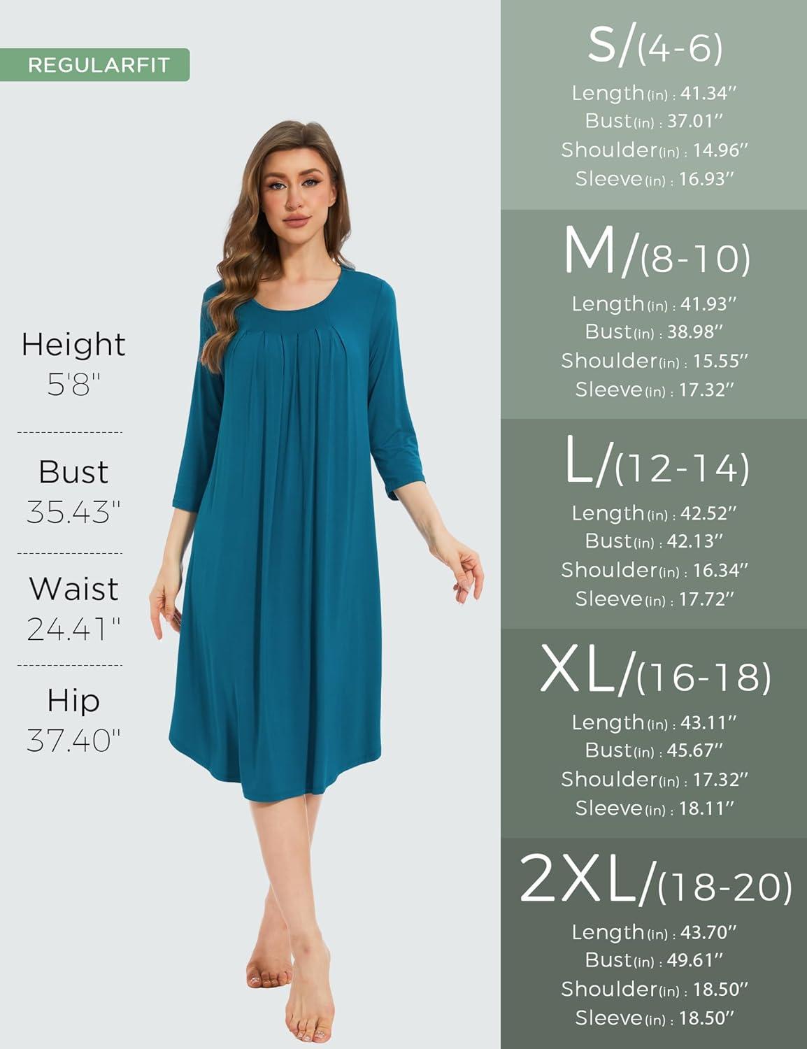 imageGYS Womens Long Nightgowns Soft Bamboo Viscose 34 Sleeves Pleated Sleepshirts Ladies Sleepwear Gown for MomNavy