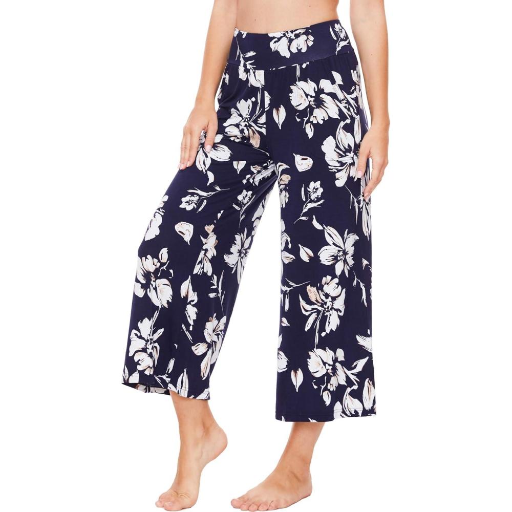 imageGYS Bamboo Viscose Wide Leg Palazzo Cropped Pants High Waist Capris CloudSoft Pajama Pants with Pockets Flowy Yoga PantsNavy Floral