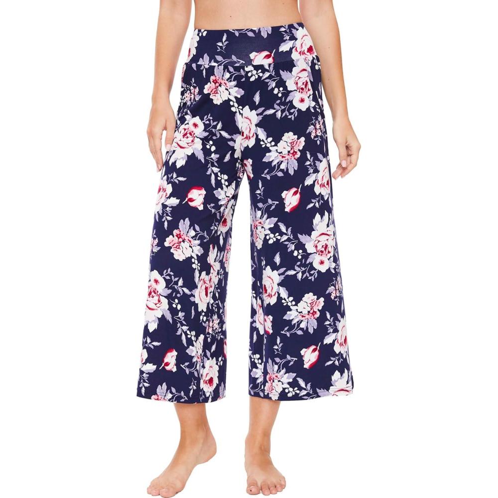 imageGYS Bamboo Viscose Wide Leg Palazzo Cropped Pants High Waist Capris CloudSoft Pajama Pants with Pockets Flowy Yoga PantsNavy Peony