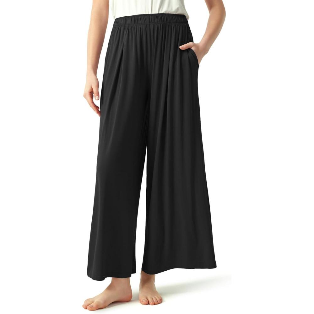 imageGYS Bamboo Viscose Womens Pajama Bottoms Wide Leg Lounge Pants with PocketsBlack