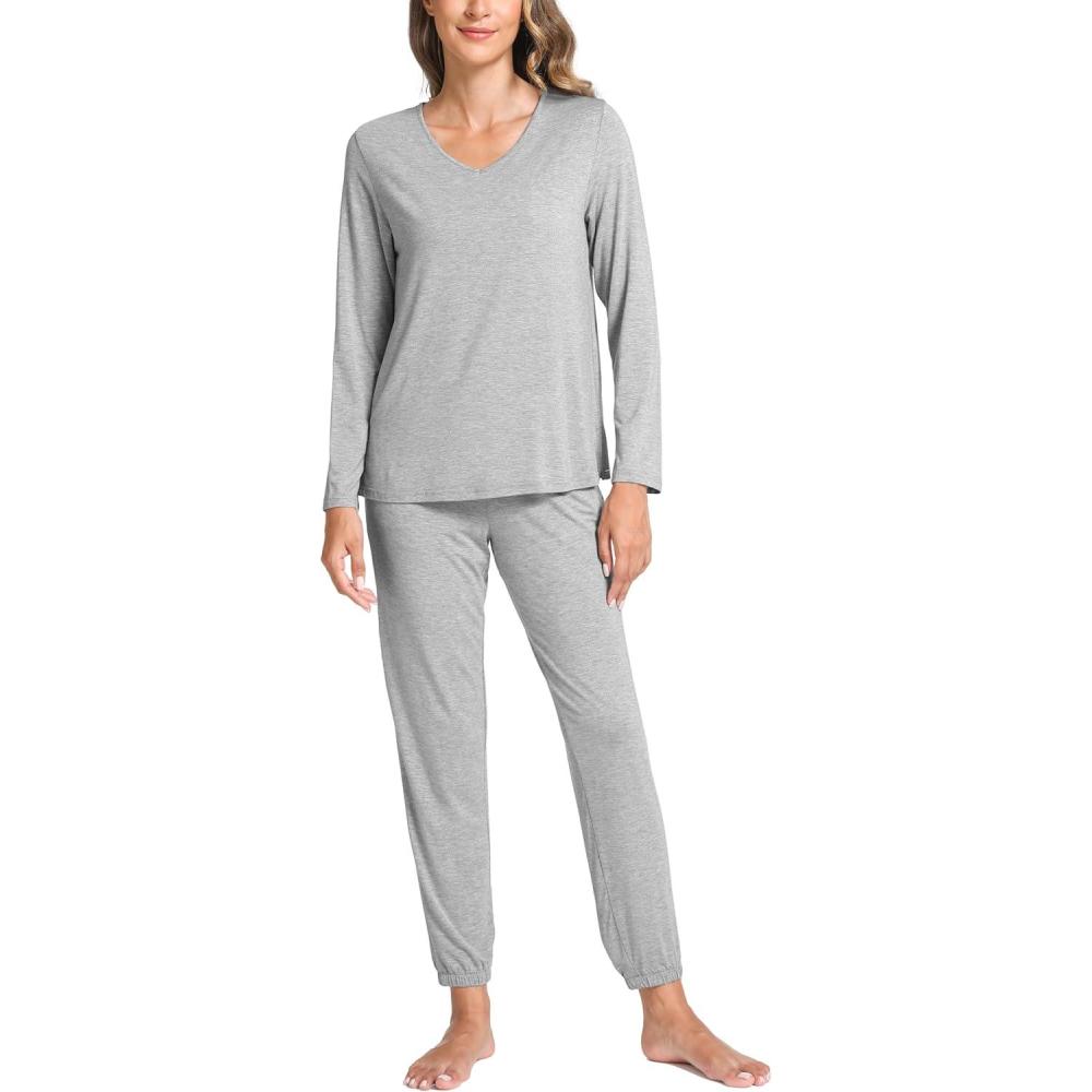 imageGYS Bamboo Viscose Womens Pajamas Set Long Sleeve V Neck Sleep Sets with PocketsHeather Grey