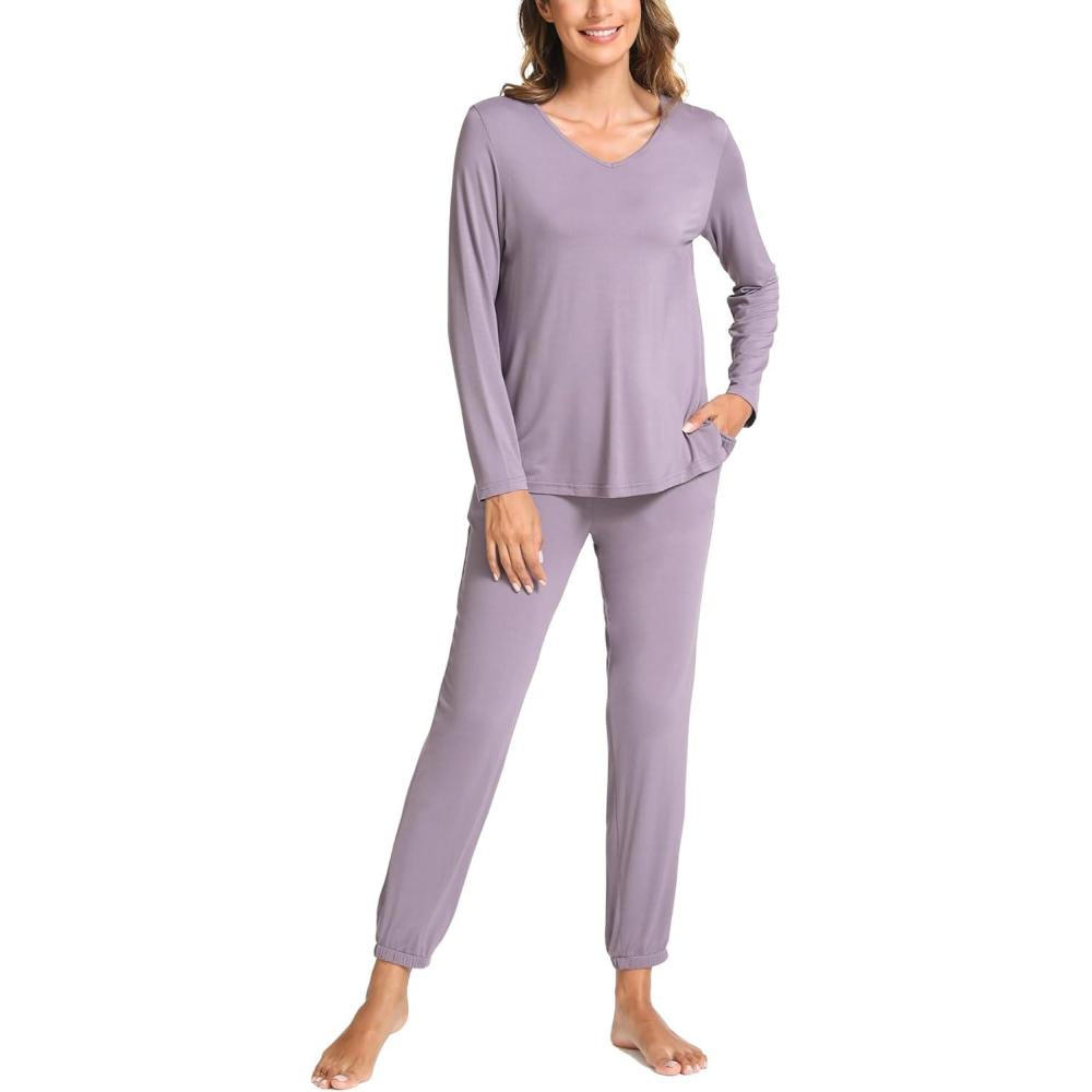 imageGYS Bamboo Viscose Womens Pajamas Set Long Sleeve V Neck Sleep Sets with PocketsViolet