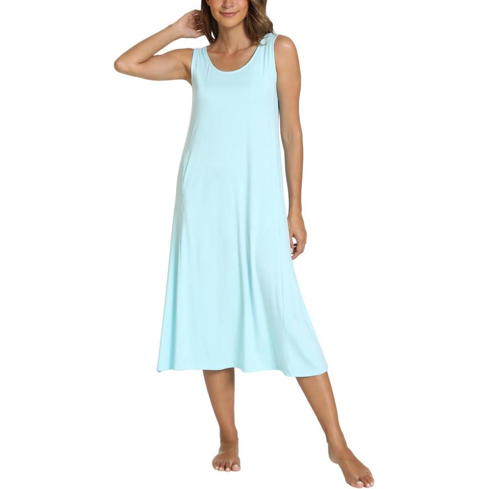 imageGYS Sleeveless Nightgowns for Women Soft Bamboo Viscose Night Shirts Tank Sleepwear with Pockets Long Sleep DressAqua