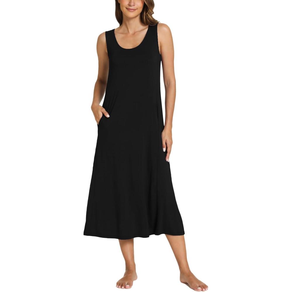 imageGYS Sleeveless Nightgowns for Women Soft Bamboo Viscose Night Shirts Tank Sleepwear with Pockets Long Sleep DressBlack