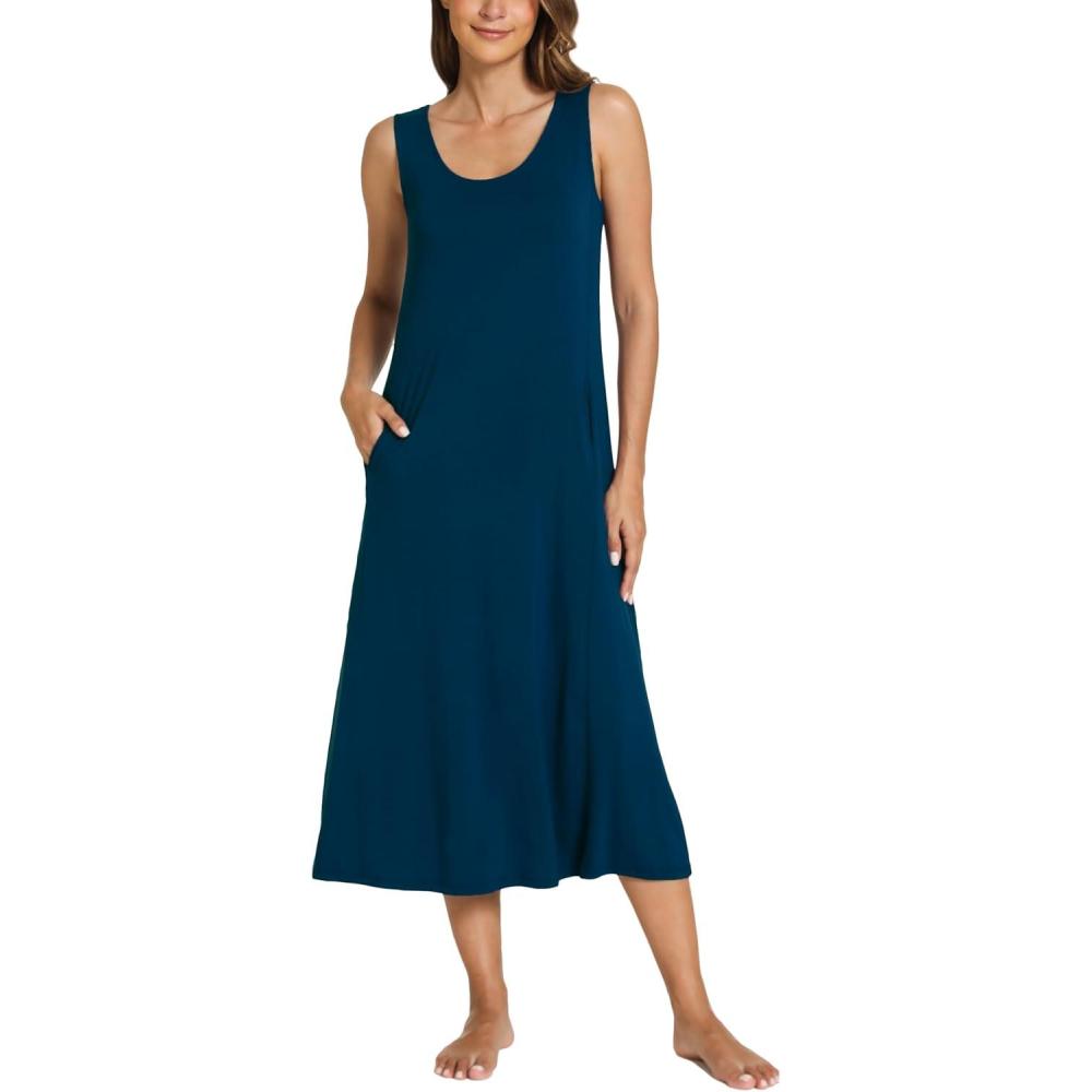 imageGYS Sleeveless Nightgowns for Women Soft Bamboo Viscose Night Shirts Tank Sleepwear with Pockets Long Sleep DressInk Blue