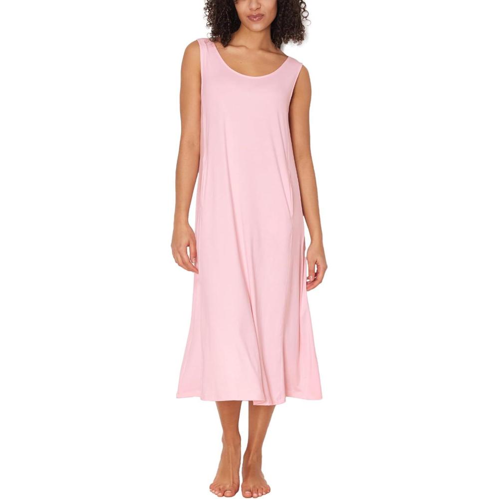 imageGYS Sleeveless Nightgowns for Women Soft Bamboo Viscose Night Shirts Tank Sleepwear with Pockets Long Sleep DressPink