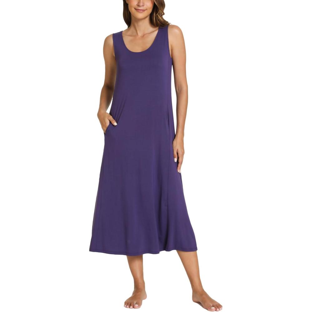 imageGYS Sleeveless Nightgowns for Women Soft Bamboo Viscose Night Shirts Tank Sleepwear with Pockets Long Sleep DressPurple