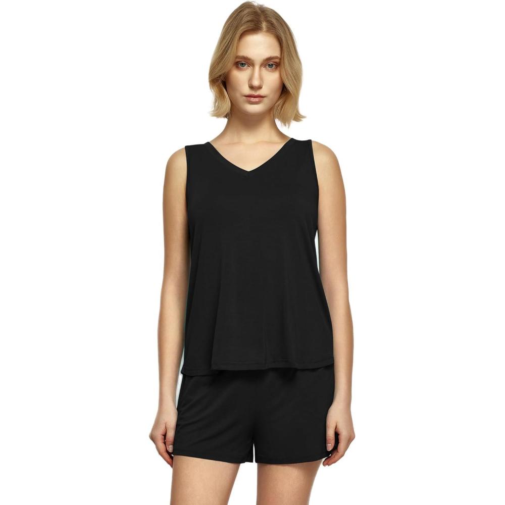 imageGYS Viscose from Bamboo Pajamas for Women V Neck Tank Top with Shorts Sleep SetsBlack