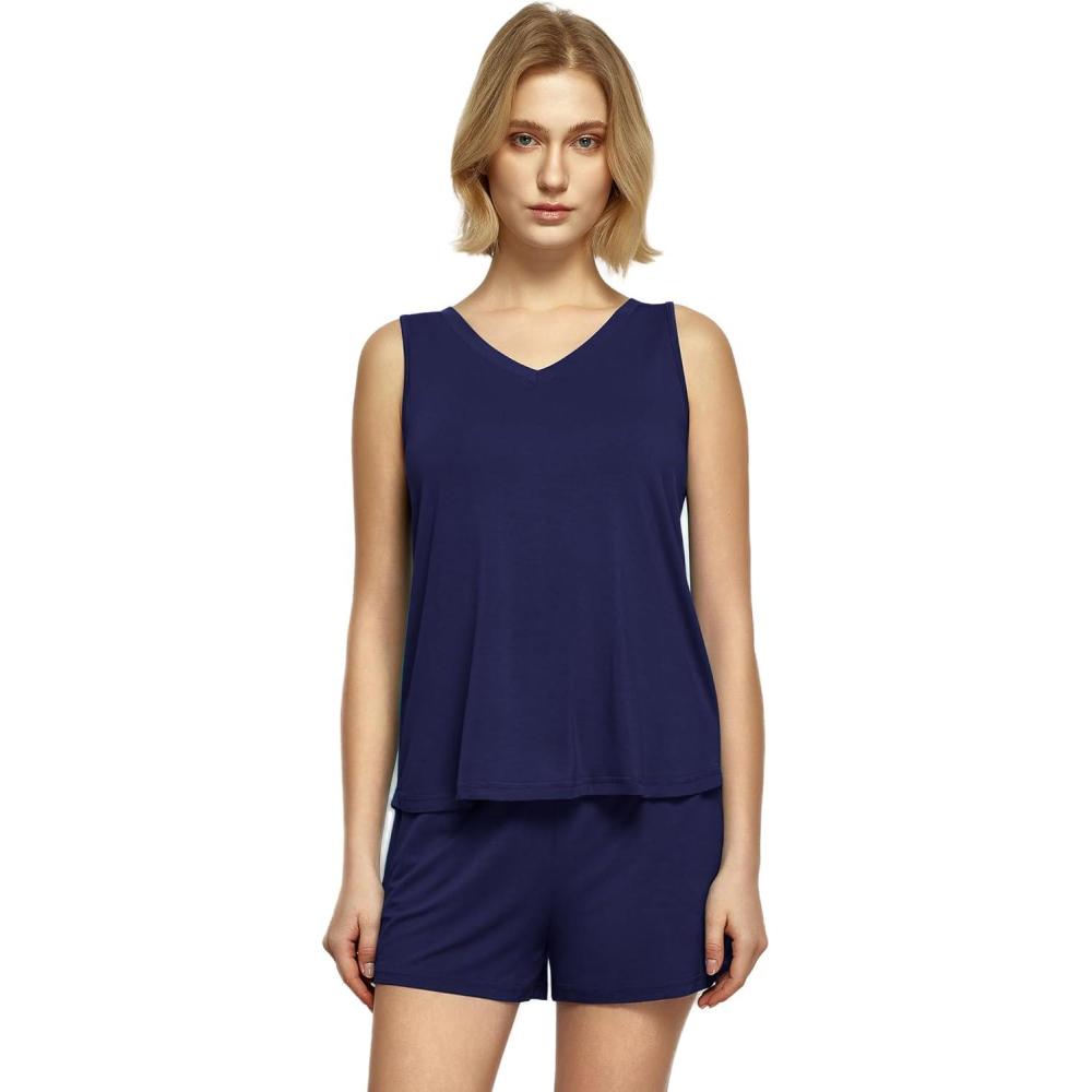 imageGYS Viscose from Bamboo Pajamas for Women V Neck Tank Top with Shorts Sleep SetsNavy