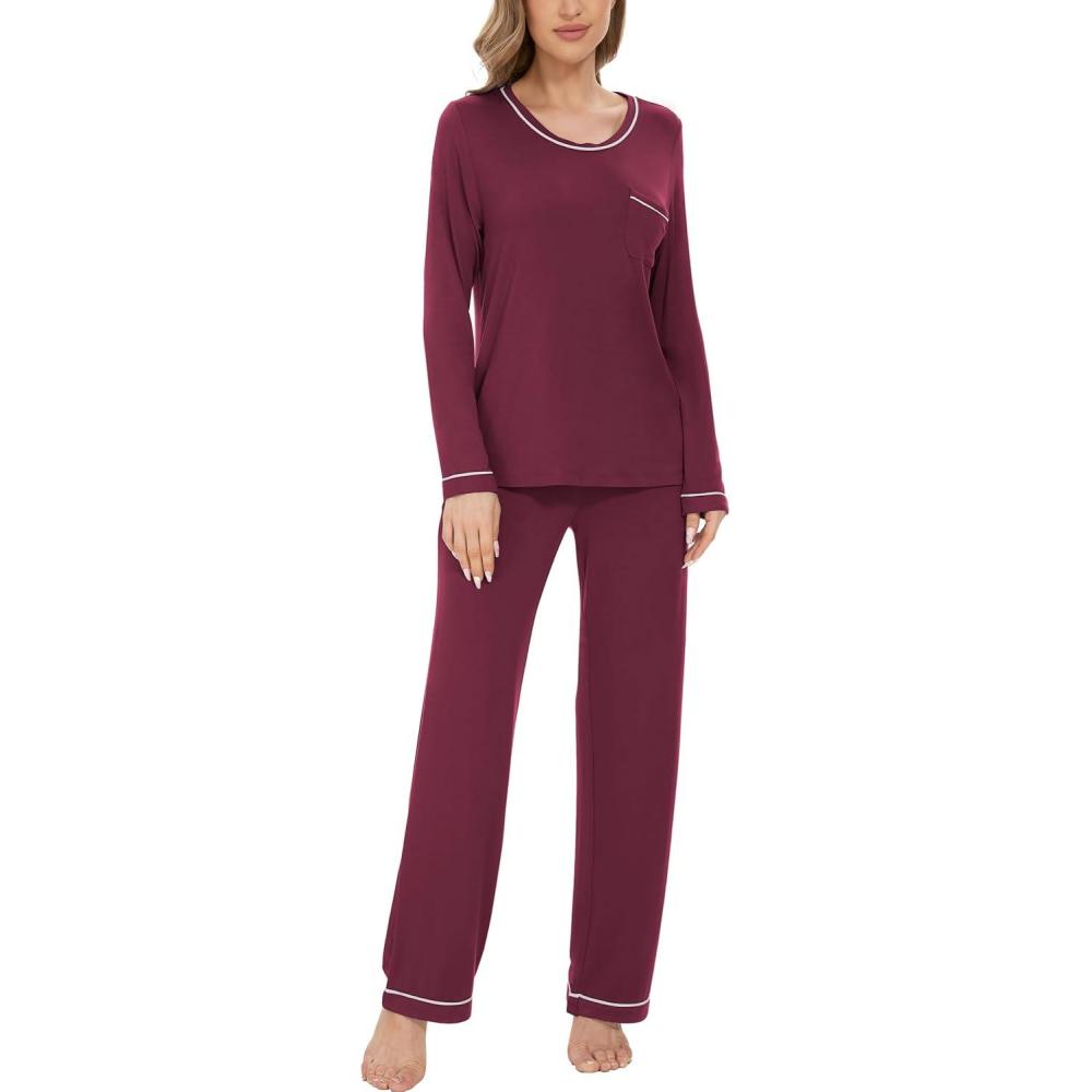 imageGYS Womens Bamboo Viscose Pajamas Set Long Sleeve Crew Neck Sleepwear Super Soft Pjs Lounge SetsWine