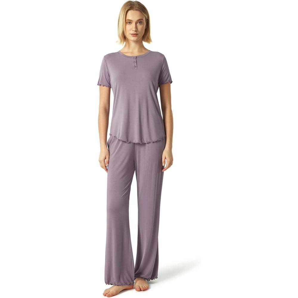 imageGYS Womens Bamboo Viscose Pajamas Short Sleeve Sleep Shirt and Flare Pj Pants Sleepwear SetViolet
