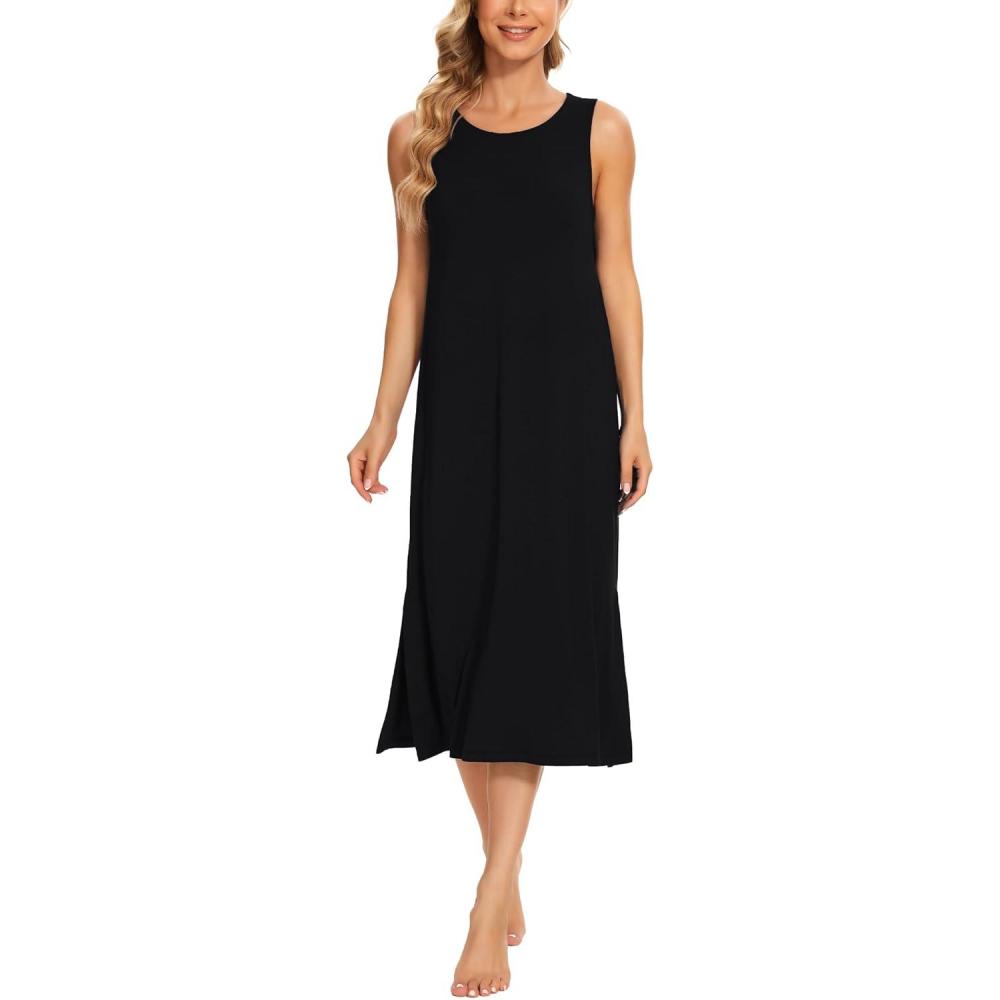 imageGYS Womens Bamboo Viscose Sleeveless Long NightgownsBlack
