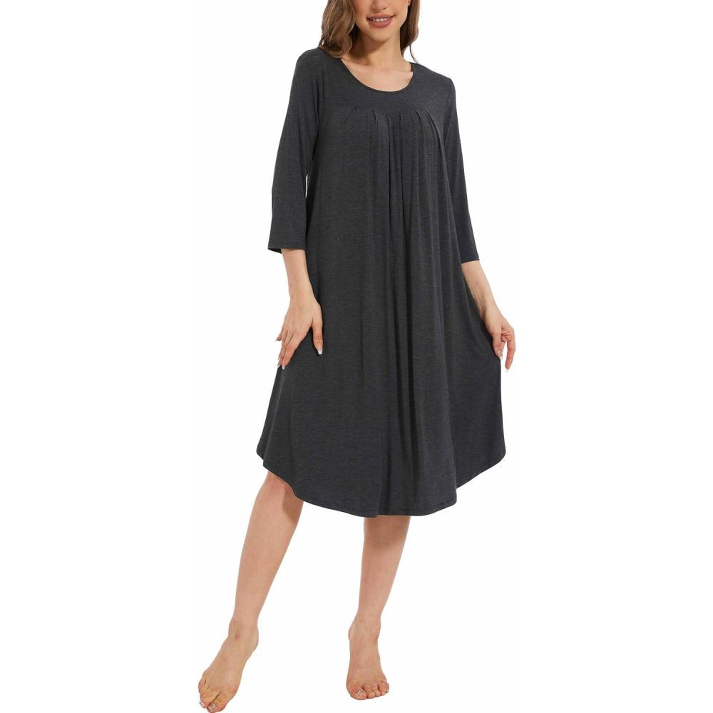 imageGYS Womens Long Nightgowns Soft Bamboo Viscose 34 Sleeves Pleated Sleepshirts Ladies Sleepwear Gown for MomCharcoal