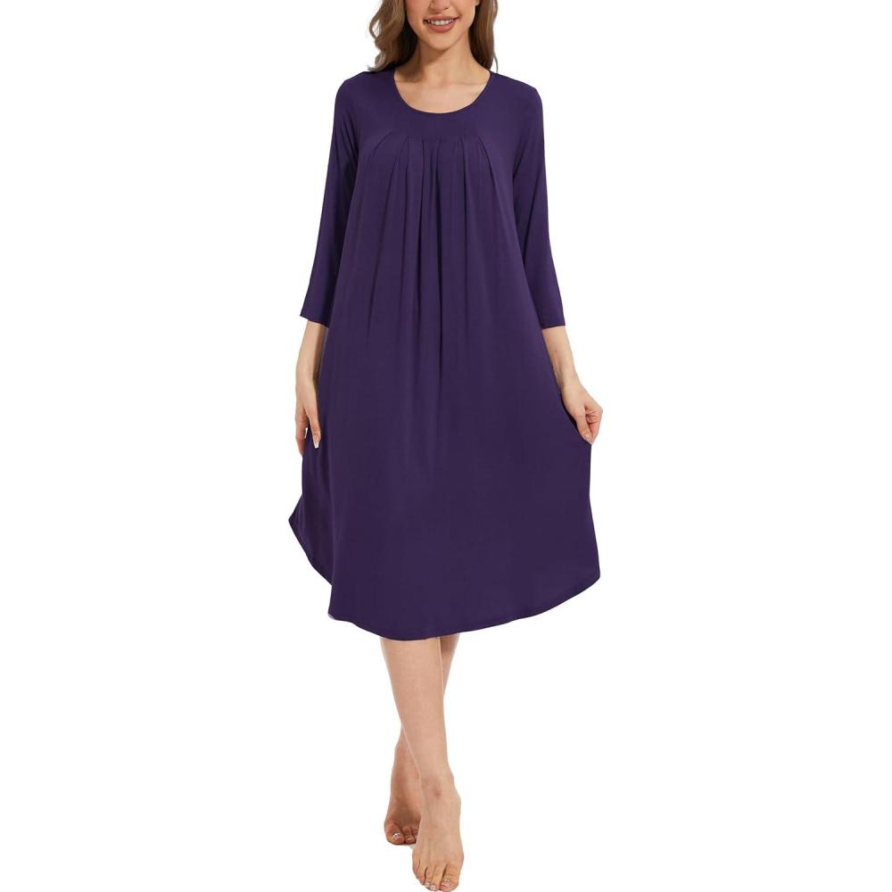 imageGYS Womens Long Nightgowns Soft Bamboo Viscose 34 Sleeves Pleated Sleepshirts Ladies Sleepwear Gown for MomPurple