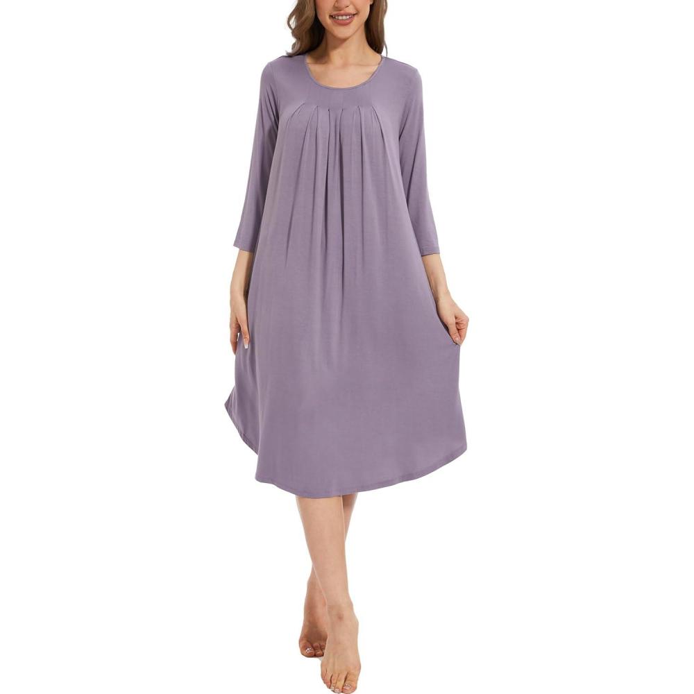 imageGYS Womens Long Nightgowns Soft Bamboo Viscose 34 Sleeves Pleated Sleepshirts Ladies Sleepwear Gown for MomViolet